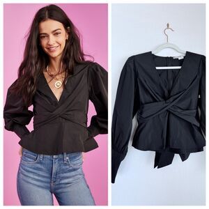 NWT Veronica Beard Seema Long Sleeve Wrap-Effect Taffeta Blouse in Black Size 0